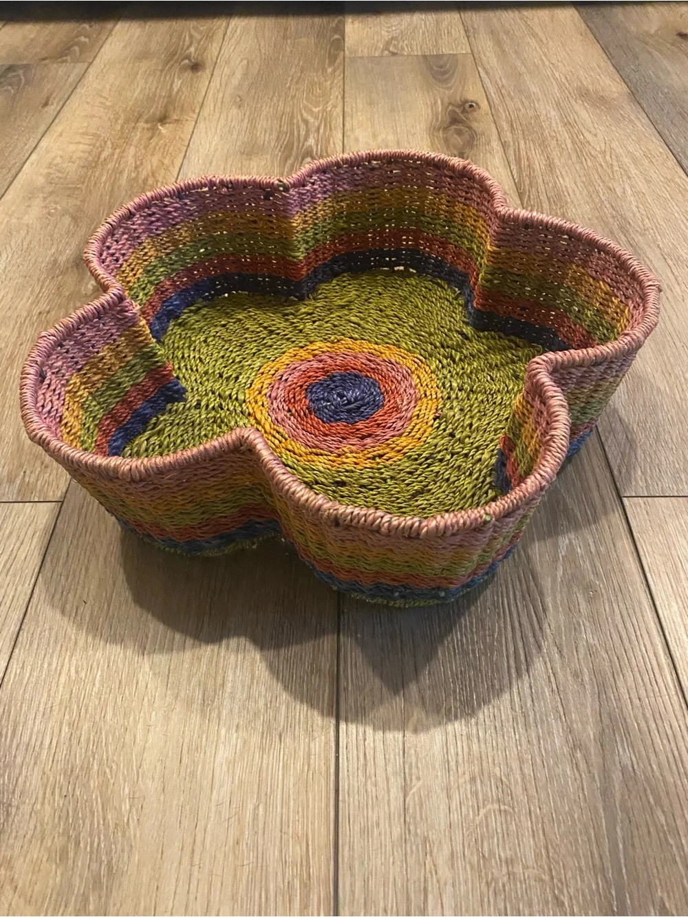Flower Shaped Woven Basket Bowl Multicolor Rainbow Rope Decorative Storage Tray